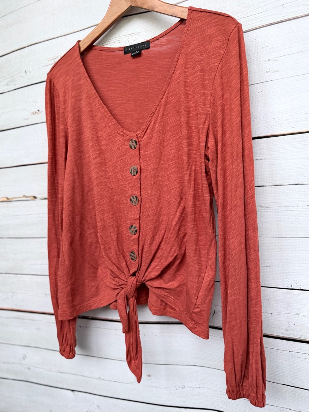 Sanctuary Rust Button-Front Tie-Waist Long Sleeve Top - Picture 5 of 6
